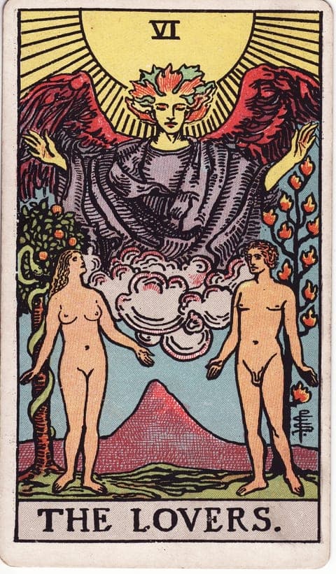 Los Enamorados, baraja Rider–Waite–Smith, al derecho